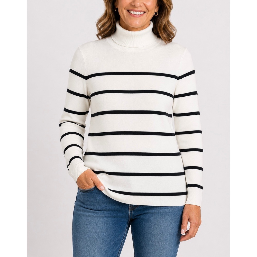 Chico's Turtleneck Sweater Women Size 0 White Black Striped Ribbed Knit Parisian